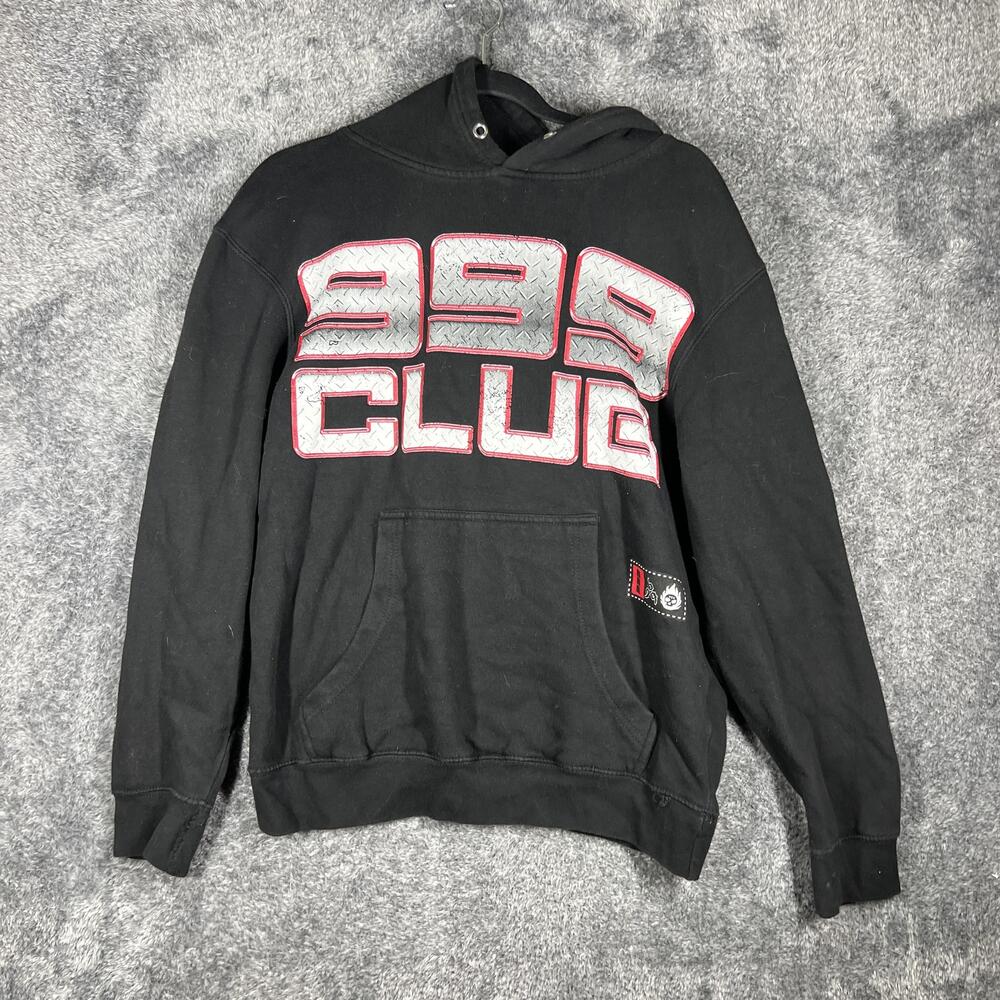 999 Club Hoodie Mens Medium Black Diamon Steel Plate Logo Pullover Pockets